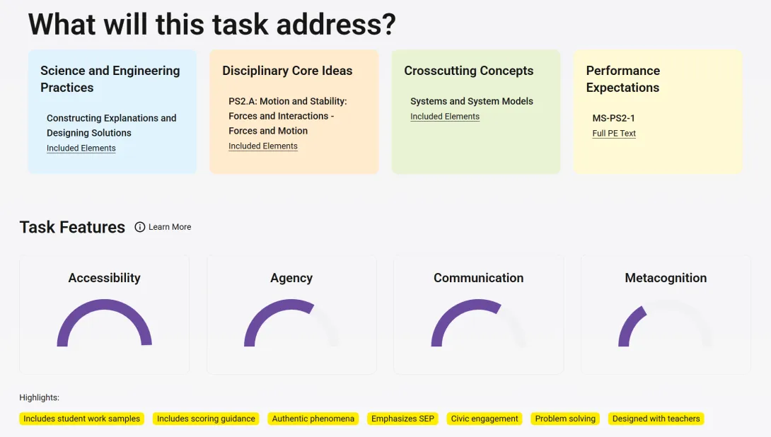 The What Will This Task Address section showing the NGSS dimensions, Performance Expectations, and the four Task Feature gauges with Highlights.